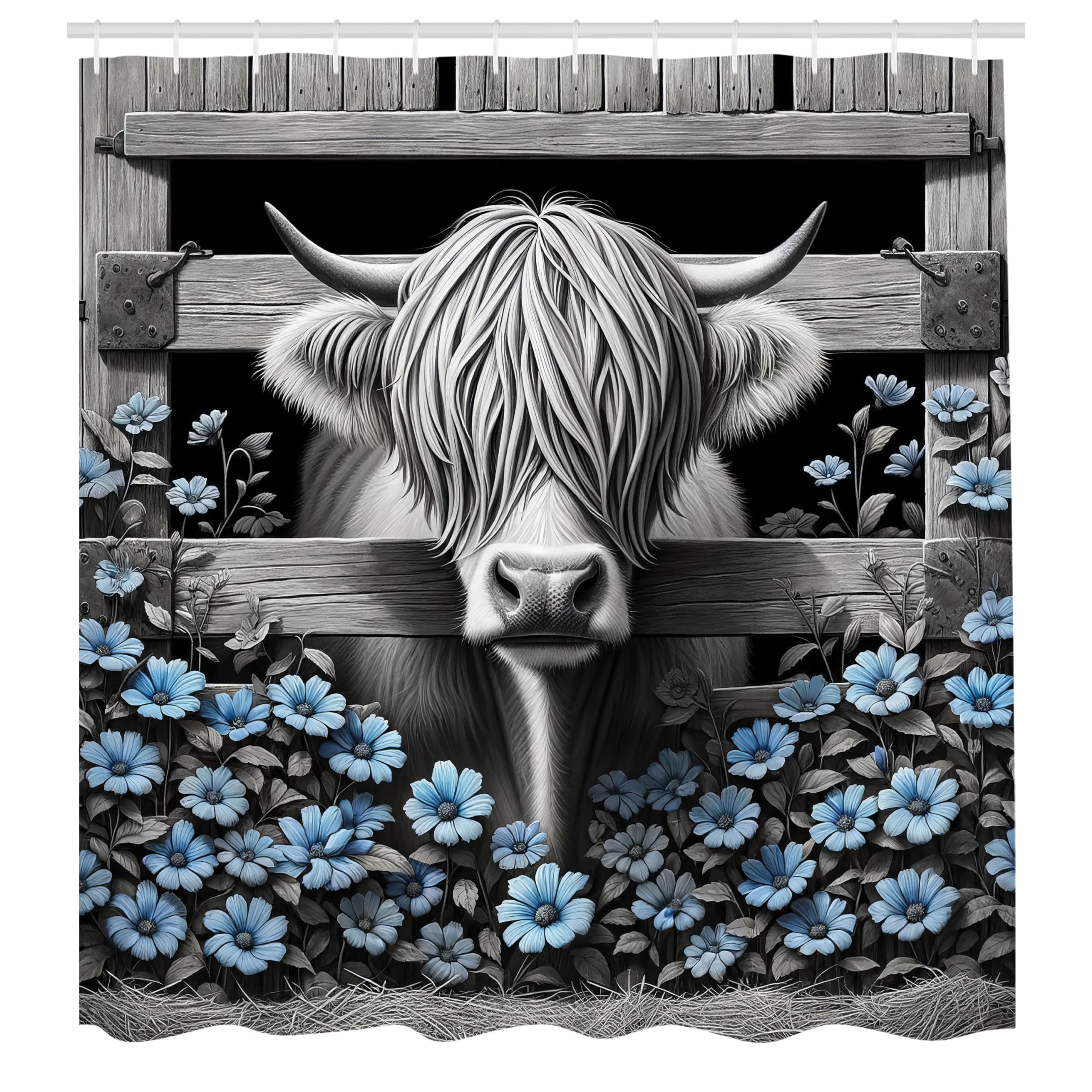 Ambesonne Rustic Shower Curtain, Monochrome Farmhouse Design Cow With Funny Hair Barn And Sky Toned Flowers, Cloth Fabric Bathro